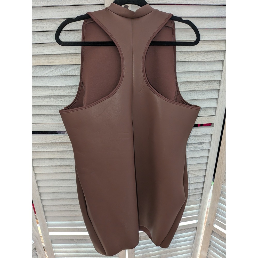 SKIMS Faux Leather Mock Neck Swim Dress Espresso Brown Full Zip Racerback NEW - Picture 4 of 7